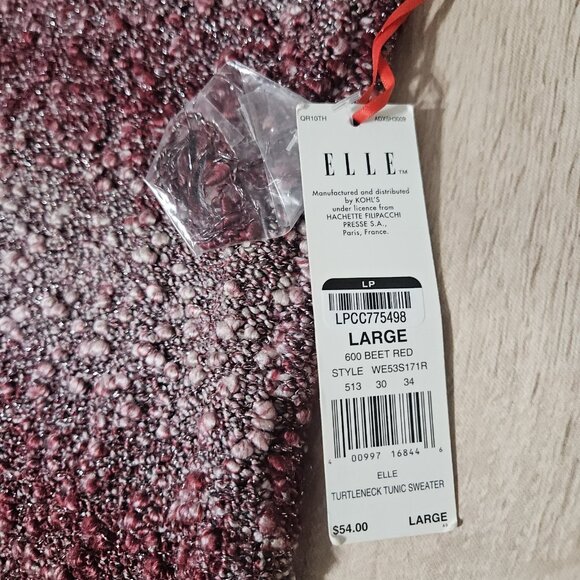 Elle Size L Womens Turtlwneck Tunic Sweater Beet Red Nubby Knit New - Picture 3 of 8